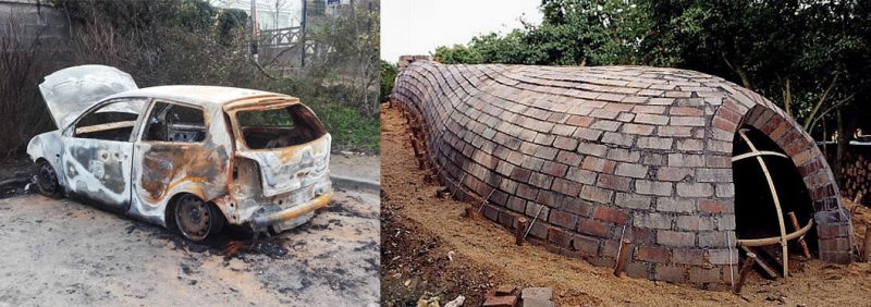 capot de voiture br&ucirc;l&eacute;e  &mdash; voiture br&ucirc;l&eacute;e sur le parking des marronniers &agrave; Cosne-sur-Loire &mdash; structure en brique d&rsquo;un four anagama
