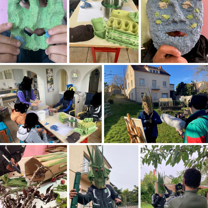 premiers essais de masque &agrave; partir de bo&icirc;tes d'&oelig;ufs / confection des masques v&eacute;g&eacute;taux / tournage / cr&eacute;dit photo : C&eacute;line G&acirc;t&eacute; Piaut